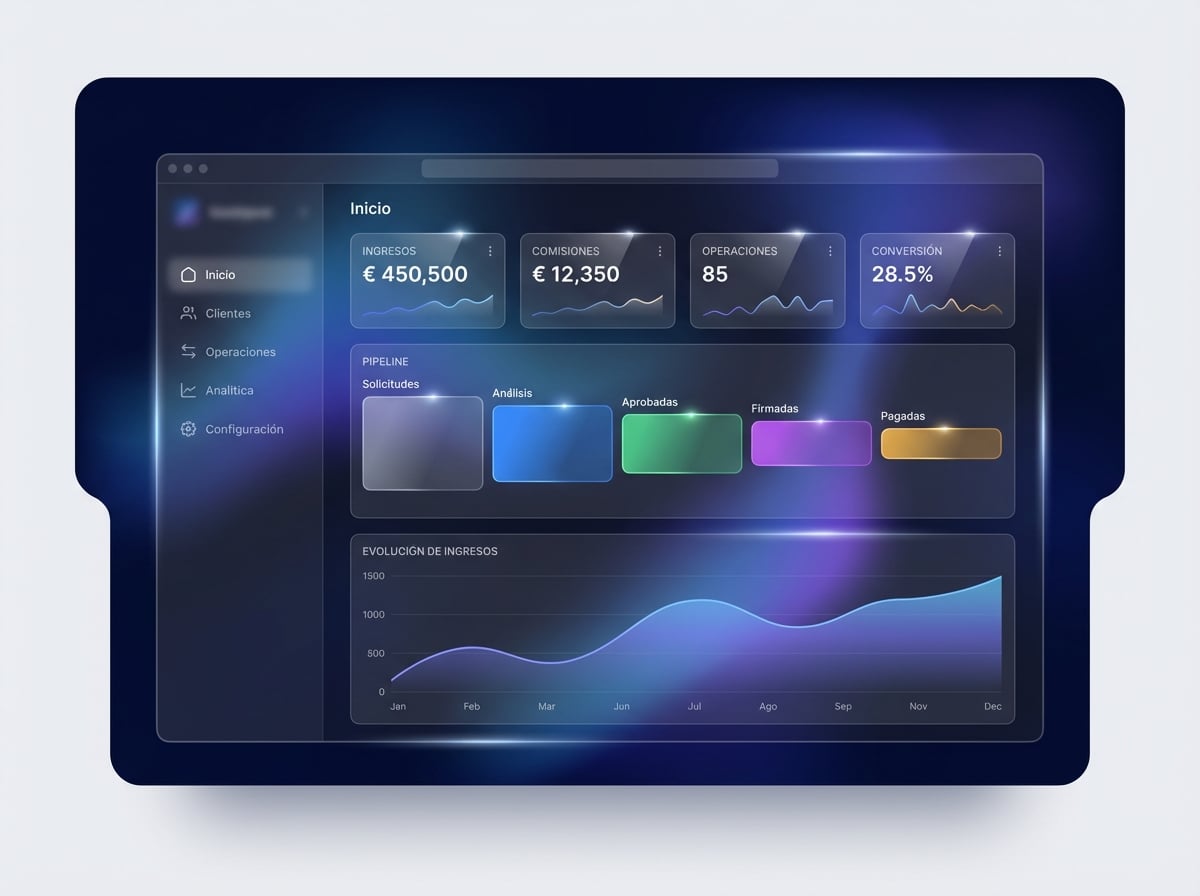 Dashboard del CRM hipotecario NexoBrokers — pipeline de operaciones, propuestas bancarias, simuladores y portal del cliente para brokers e intermediarios de crédito inmobiliario en España