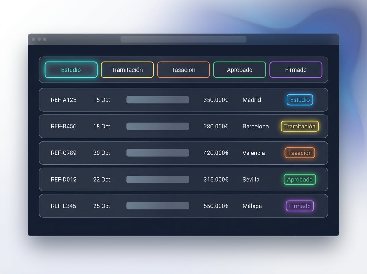Tablero Kanban de operaciones hipotecarias en NexoBrokers — pipeline visual con fases personalizables para seguimiento de hipotecas en tiempo real