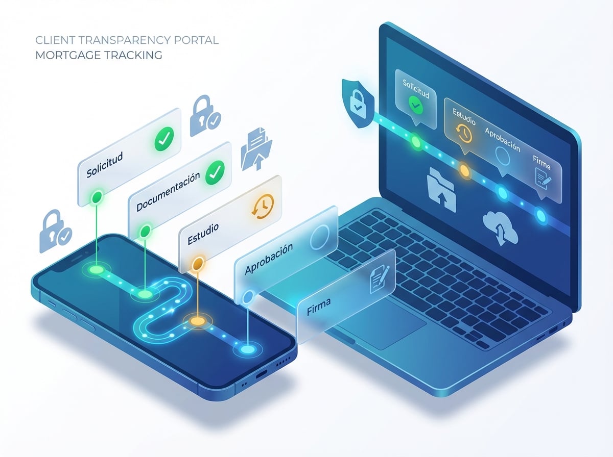 Portal del cliente hipotecario NexoBrokers — seguimiento en tiempo real del estado de la hipoteca, subida de documentos y notificaciones automáticas para el cliente del broker